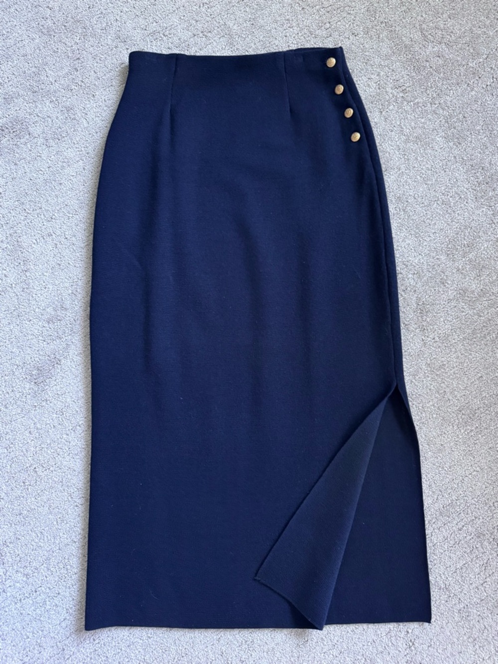 Lauren Ralph Lauren Merino Wool Midi Skirt Navy Gold Button Slit M - Picture 2 of 10